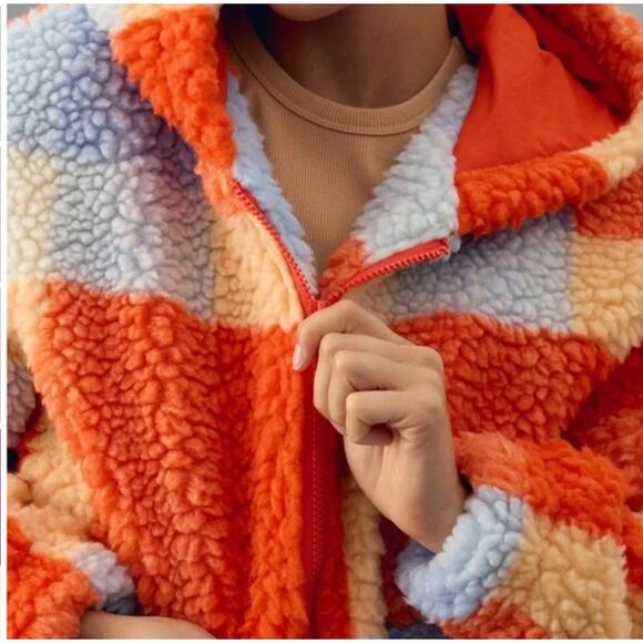 Anthropologie Daily Practice Faux Shearling Crop Zip-Up Jacket Orange Plaid XS - Picture 4 of 9